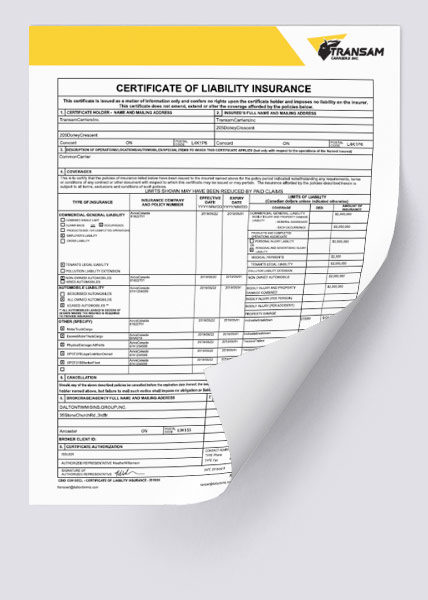 Transam Carriers Certificate of Liability Insurance